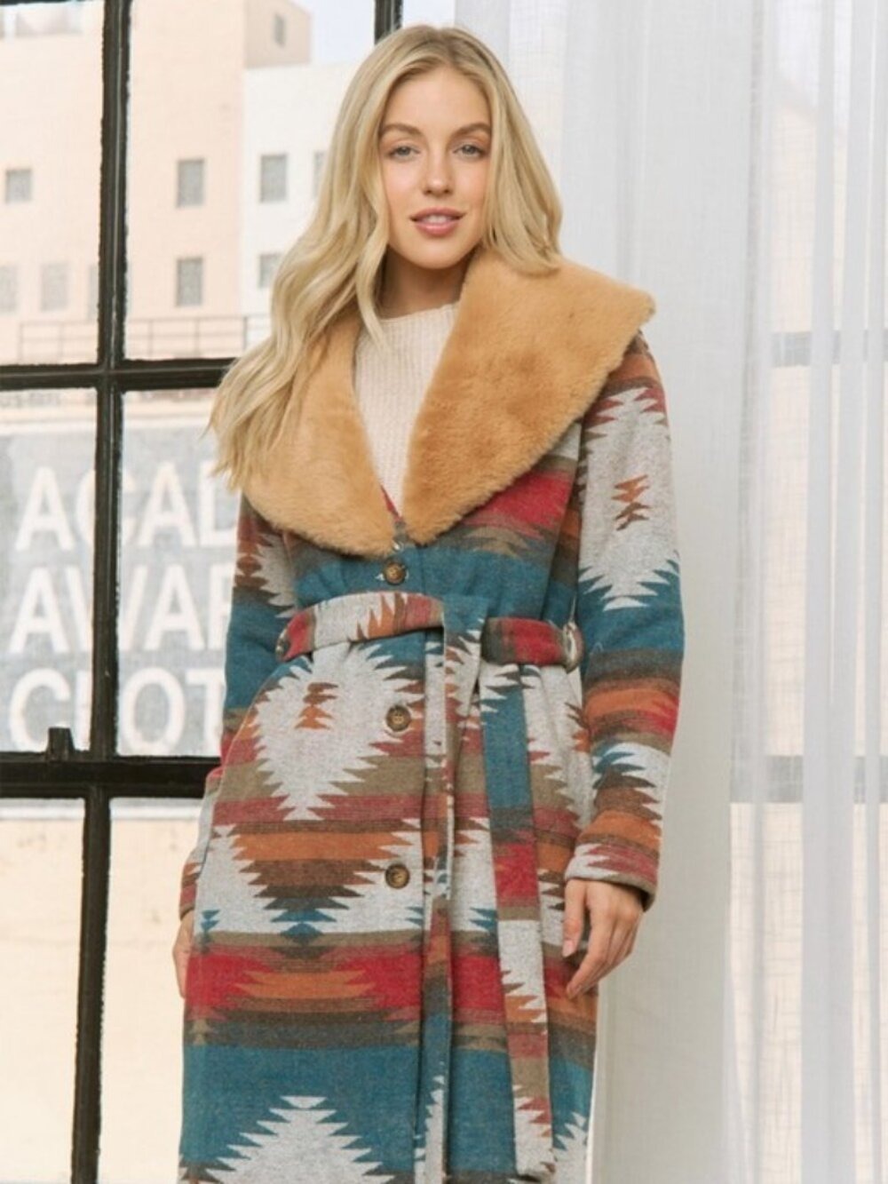 Aztec Jacket Shacket with Contrast Fur Showl Collar